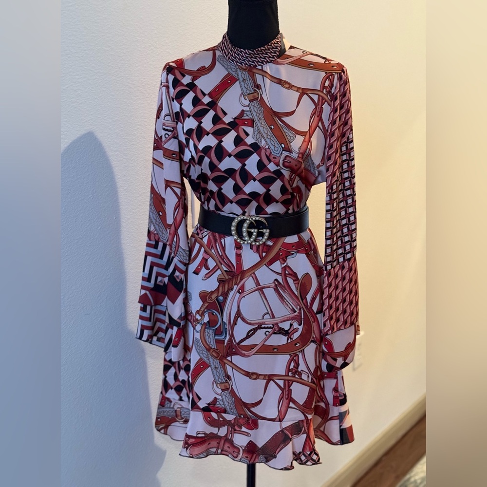 Zara Geometric Red and Pink Long Sleeve Dress NWOT